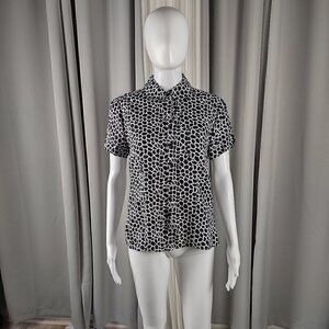 Kim Rogers Petite 100% Linen Black White Pattern Button Down Shirt Size PS